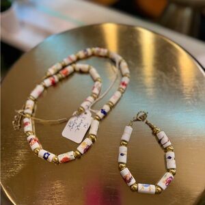 Vintage Brass  and White Porcelain Beaded Jewelry Set with flowers.